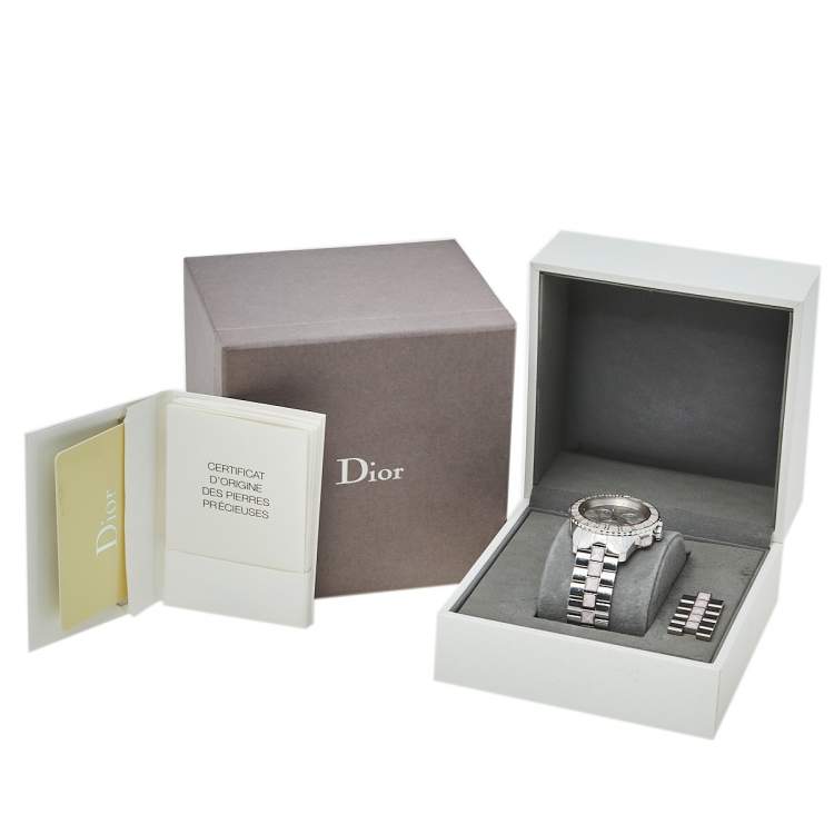 Pre Owned Dior Silver Stainless Steel Diamond Studded Pink Sapphire Christal CD114315M001 Women's Wristwatch 39 mm