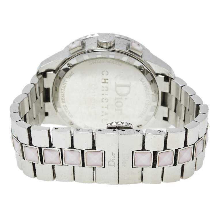 Pre Owned Dior Silver Stainless Steel Diamond Studded Pink Sapphire Christal CD114315M001 Women's Wristwatch 39 mm
