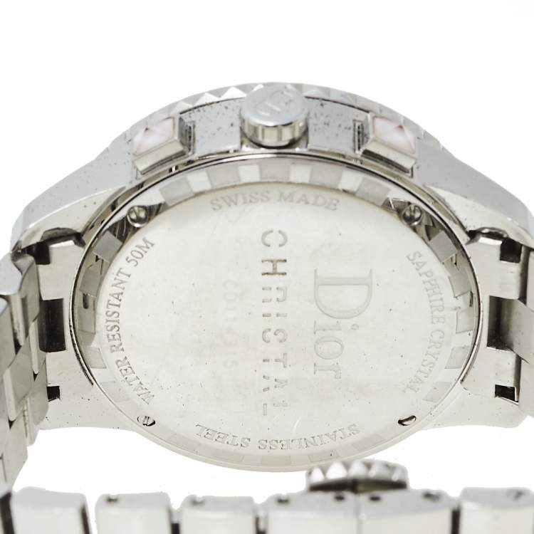 Pre Owned Dior Silver Stainless Steel Diamond Studded Pink Sapphire Christal CD114315M001 Women's Wristwatch 39 mm