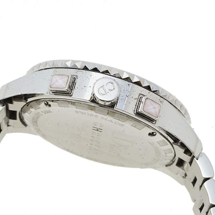 Pre Owned Dior Silver Stainless Steel Diamond Studded Pink Sapphire Christal CD114315M001 Women's Wristwatch 39 mm