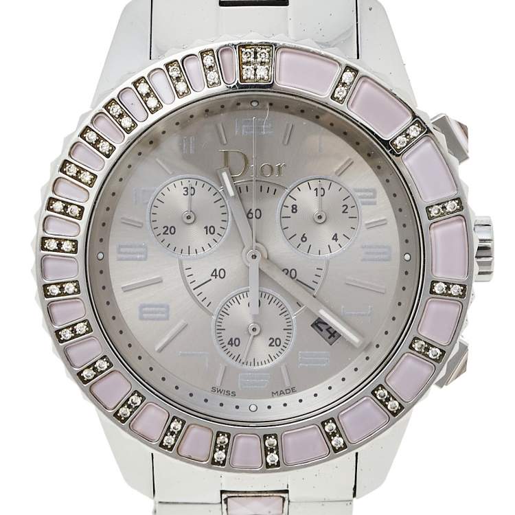 Pre Owned Dior Silver Stainless Steel Diamond Studded Pink Sapphire Christal CD114315M001 Women's Wristwatch 39 mm