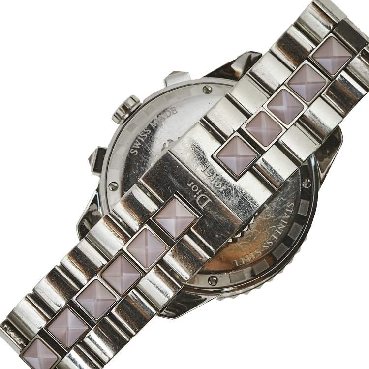 Pre Owned Dior Silver Stainless Steel Diamond Studded Pink Sapphire Christal CD114315M001 Women's Wristwatch 39 mm