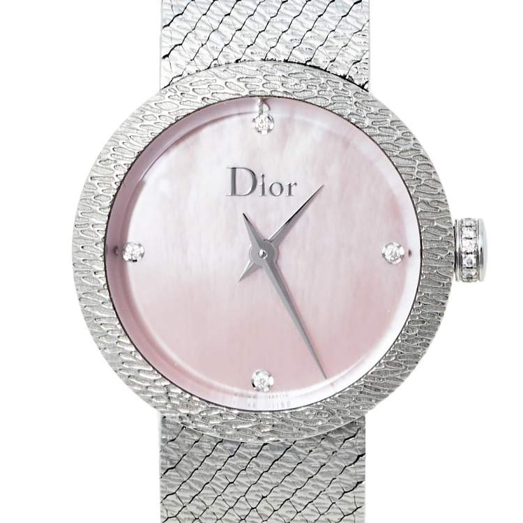 Pre Owned Dior Pink Mother of Pearl Stainless Steel Diamond La D De Dior Satine CD047112M002 Women's Wristwatch 25 mm