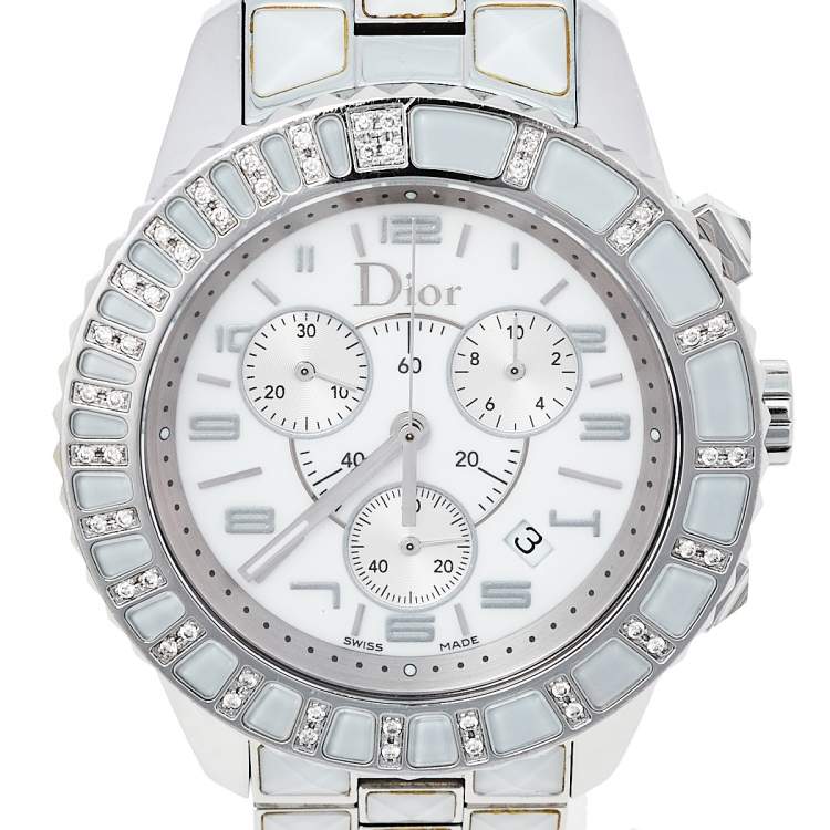 Pre Owned Dior White Stainless Steel Diamonds Christal CD114311M001 Women's Wristwatch 38 mm
