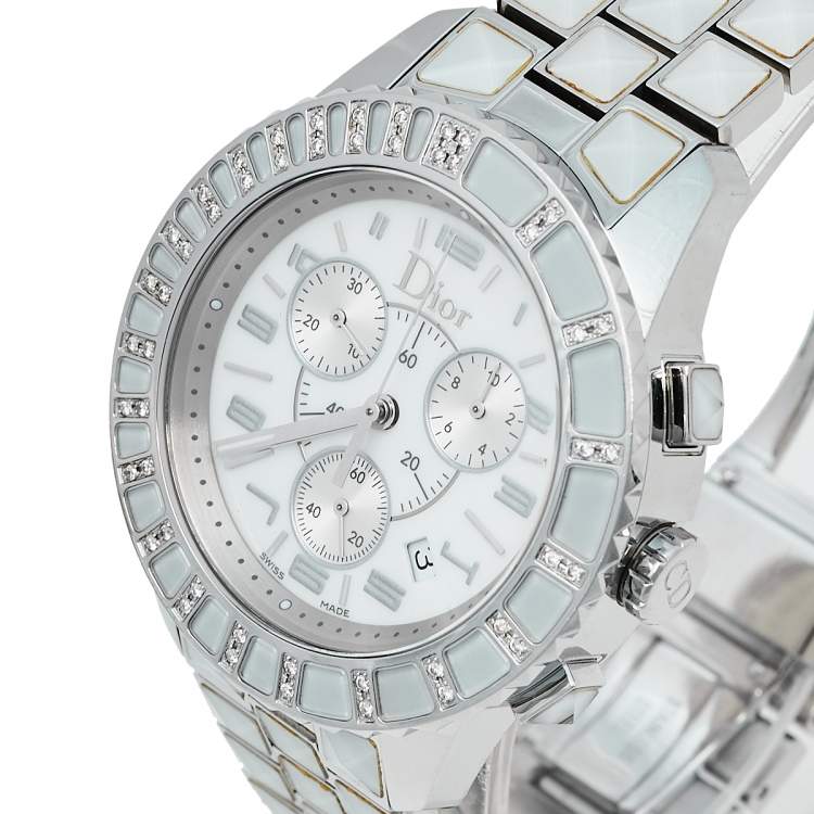Pre Owned Dior White Stainless Steel Diamonds Christal CD114311M001 Women's Wristwatch 38 mm
