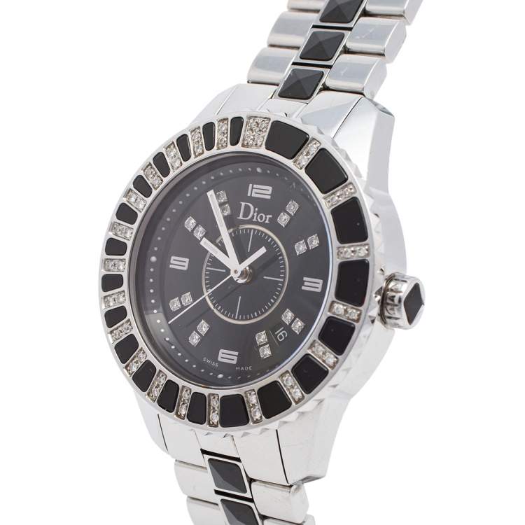 Pre Owned Dior Black Stainless Steel Diamonds Christal CD113115M001 Women's Wristwatch 34 mm