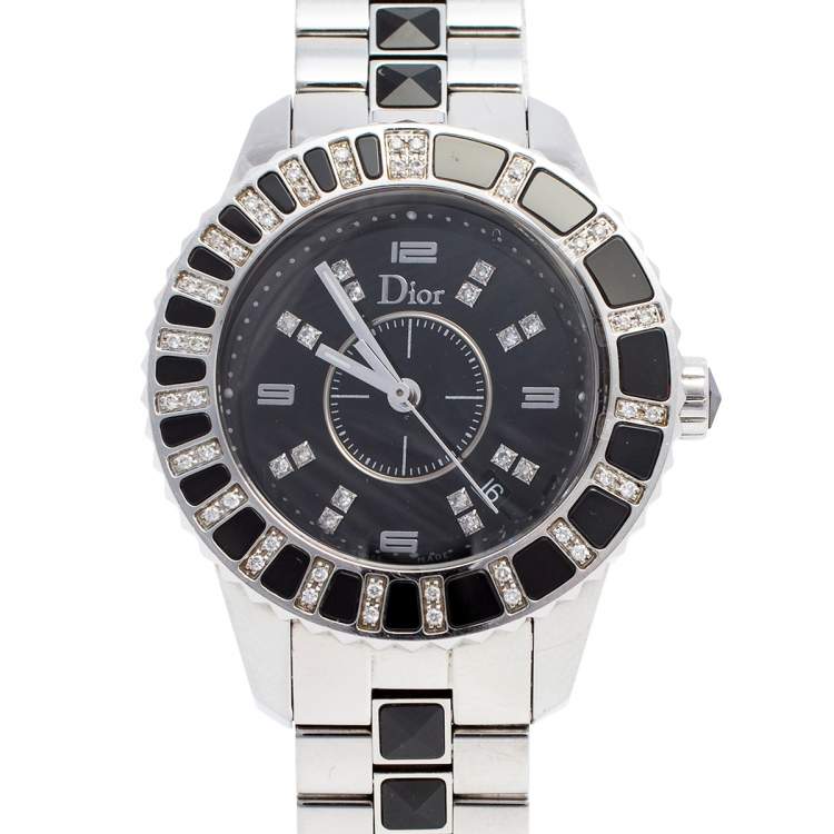Pre Owned Dior Black Stainless Steel Diamonds Christal CD113115M001 Women's Wristwatch 34 mm