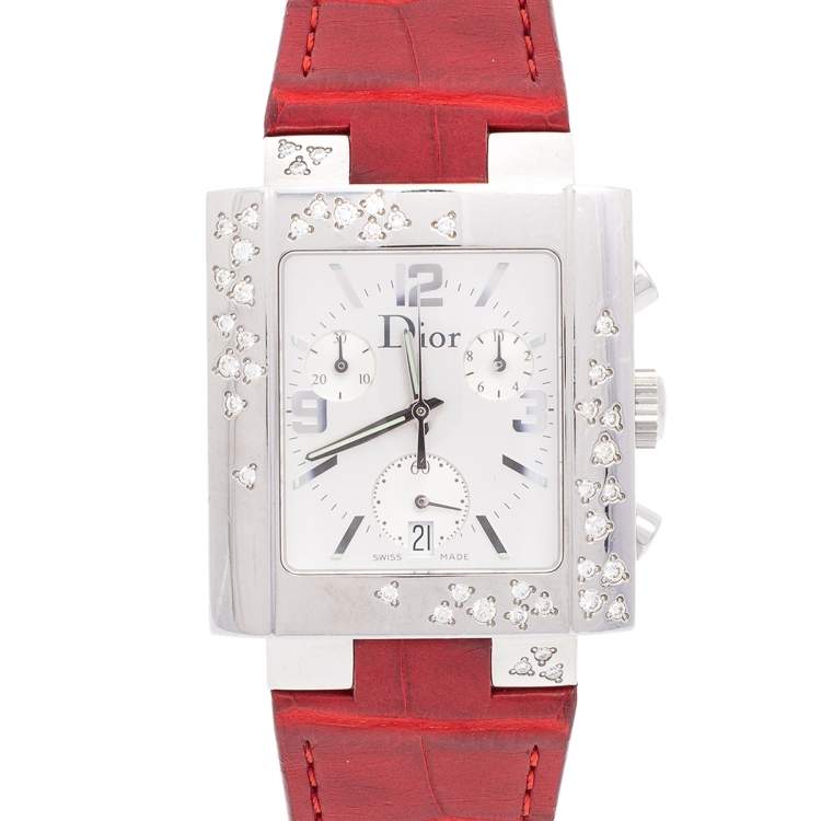 Pre Owned Dior Silver Diamonds Stainless Steel Riva Quartz Women's Wristwatch 