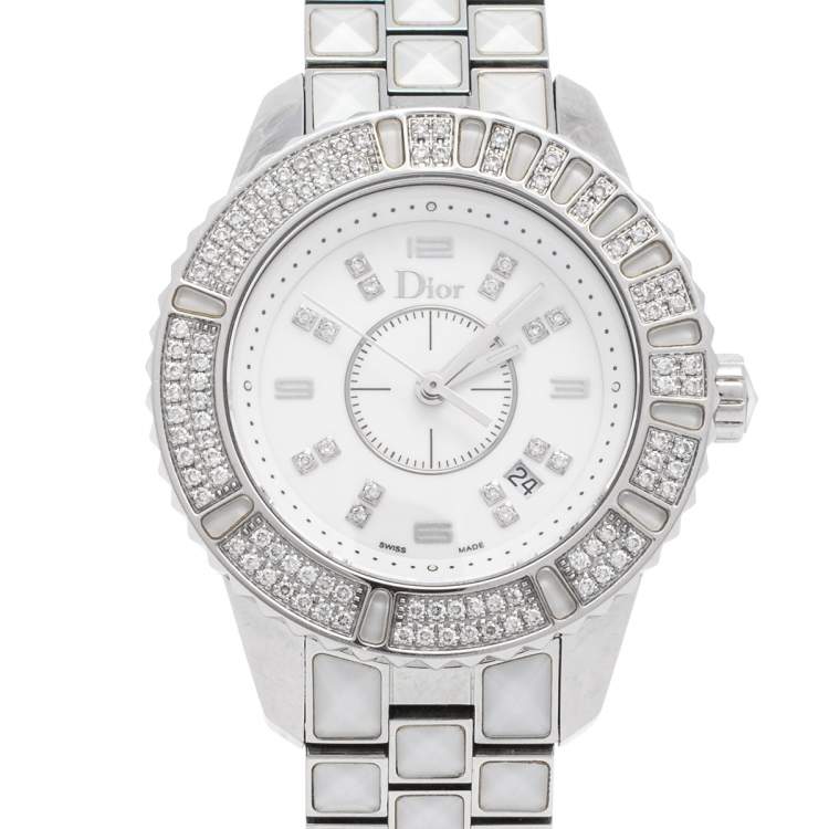 Pre Owned Dior White Stainless Steel Diamonds Christal CD113118M001 Women's Wristwatch 33 mm