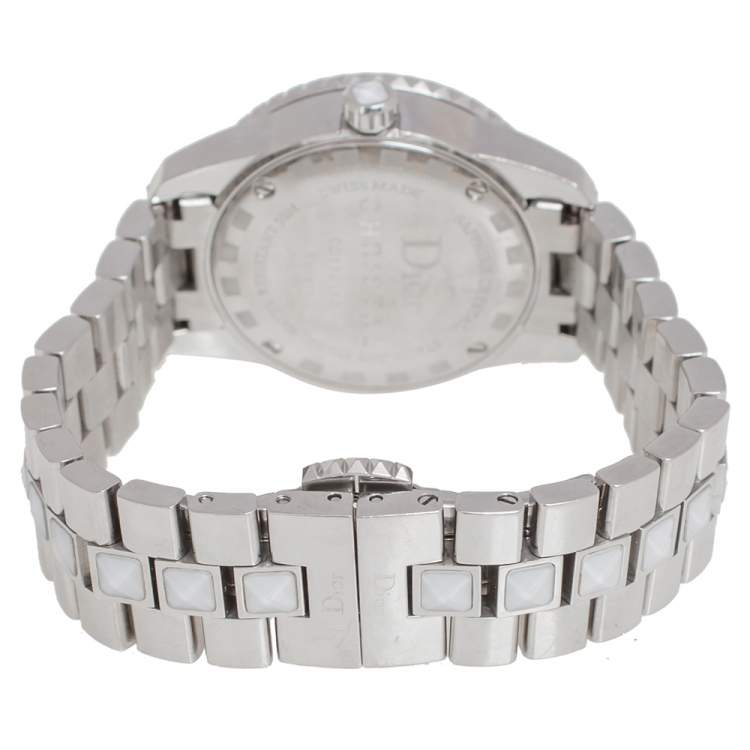 Pre Owned Dior White Stainless Steel Christal CD112112 Women's Wristwatch 28.5 mm