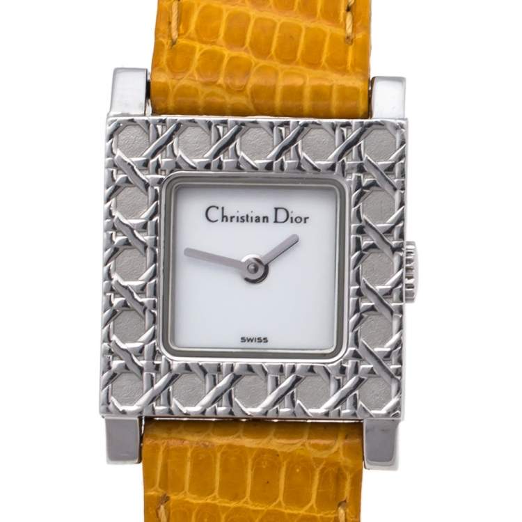 Pre Owned Christian Dior White Stainless Steel Leather La Parisenne D60109 Women's Wristwatch 19 mm
