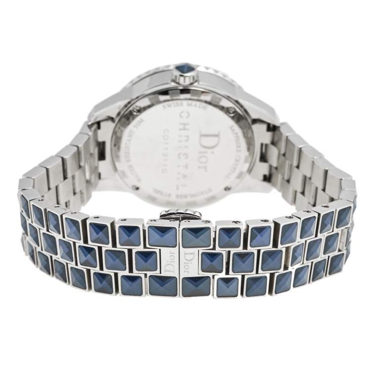 Pre Owned Dior Blue Mother of Pearl Stainless Steel Diamond Christal CD11311GM001 Women's Wristwatch 33 mm