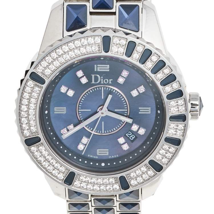 Pre Owned Dior Blue Mother of Pearl Stainless Steel Diamond Christal CD11311GM001 Women's Wristwatch 33 mm