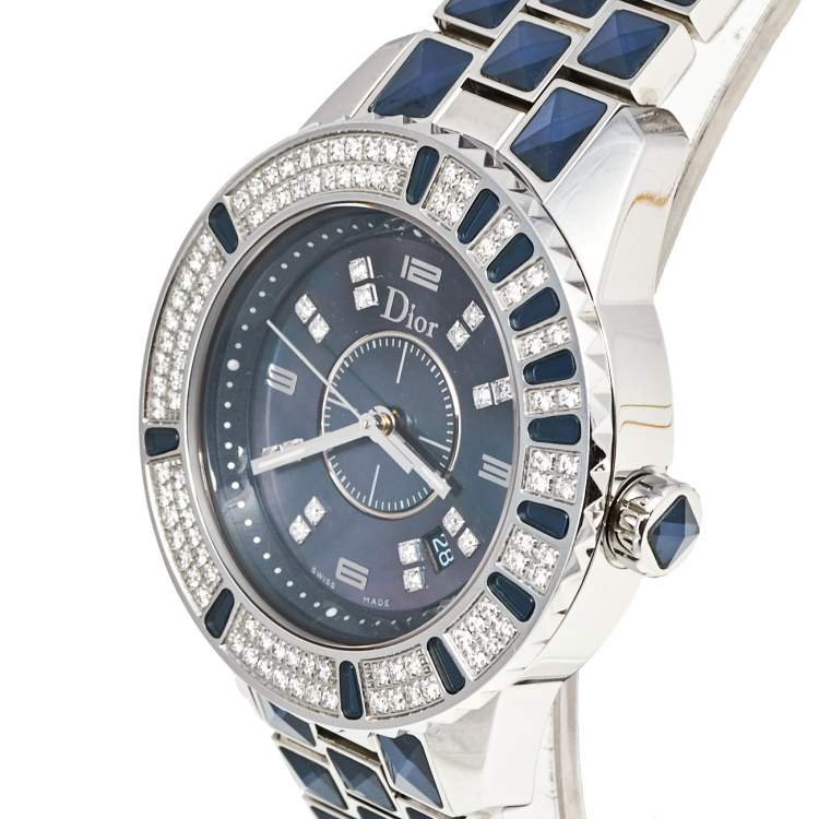 Pre Owned Dior Blue Mother of Pearl Stainless Steel Diamond Christal CD11311GM001 Women's Wristwatch 33 mm