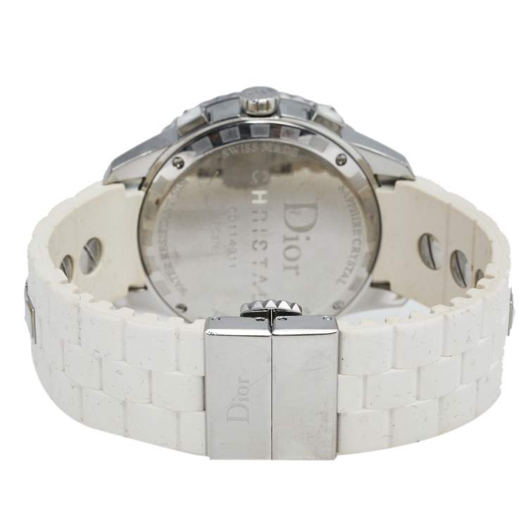 Pre Owned Dior White Stainless Steel Rubber Diamonds Christal CD114311R001 Women's Wristwatch 38 mm