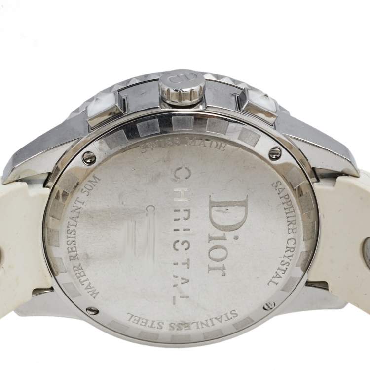Pre Owned Dior White Stainless Steel Rubber Diamonds Christal CD114311R001 Women's Wristwatch 38 mm