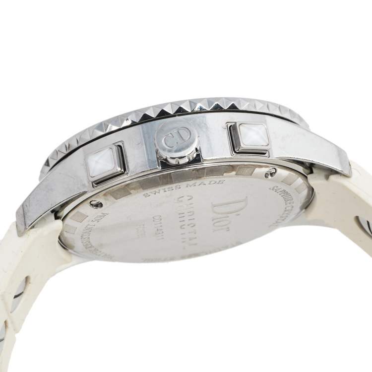 Pre Owned Dior White Stainless Steel Rubber Diamonds Christal CD114311R001 Women's Wristwatch 38 mm
