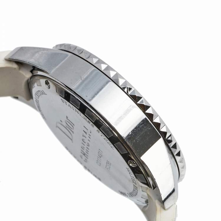 Pre Owned Dior White Stainless Steel Rubber Diamonds Christal CD114311R001 Women's Wristwatch 38 mm
