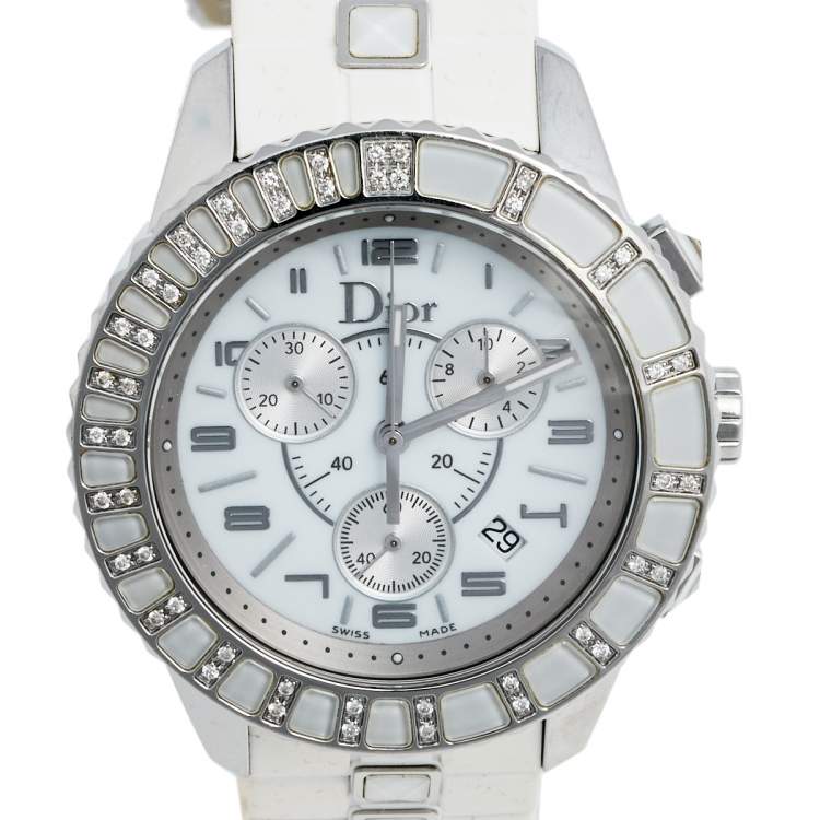 Pre Owned Dior White Stainless Steel Rubber Diamonds Christal CD114311R001 Women's Wristwatch 38 mm