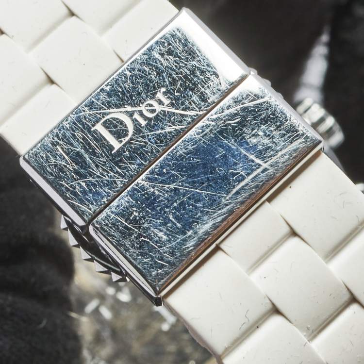 Pre Owned Dior White Stainless Steel Rubber Diamonds Christal CD114311R001 Women's Wristwatch 38 mm
