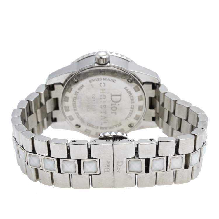 Pre Owned Dior White Stainless Steel Diamond Christal CD112113 Women's Wristwatch 28 mm