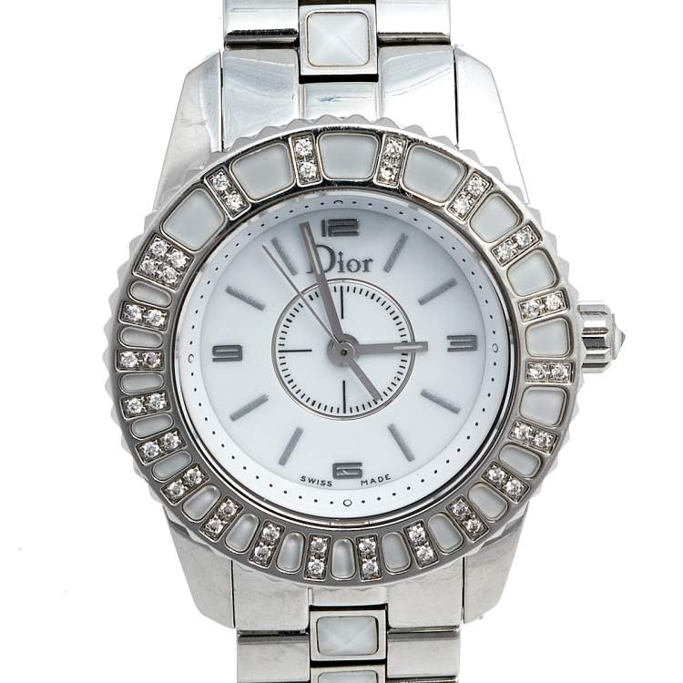 Pre Owned Dior White Stainless Steel Diamond Christal CD112113 Women's Wristwatch 28 mm