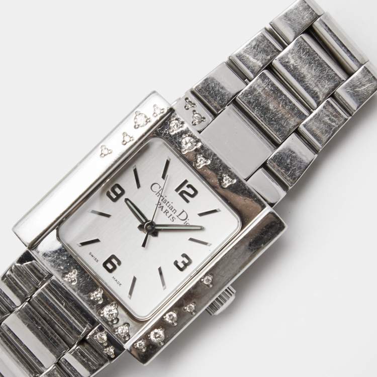 Pre Owned Christian Dior Silver Stainless Steel Diamond Riva D98-1014 Women's Wristwatch 24.50 mm