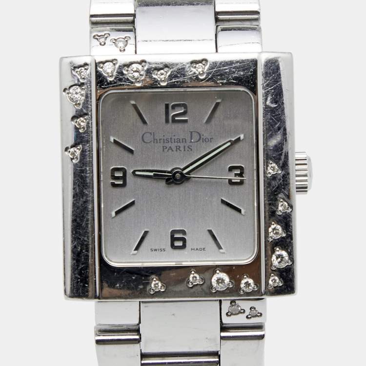 Pre Owned Christian Dior Silver Stainless Steel Diamond Riva D98-1014 Women's Wristwatch 24.50 mm