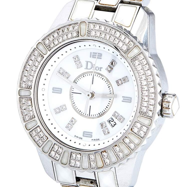 Pre Owned Dior White Stainless Steel Diamonds Christal CD113118M001 Women's Wristwatch 33 mm