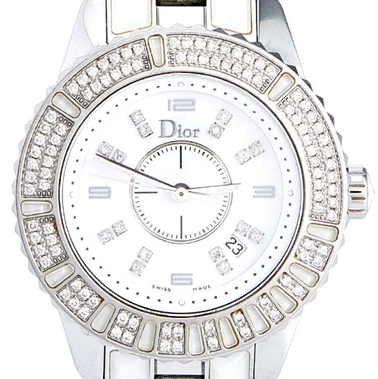 Pre Owned Dior White Stainless Steel Diamonds Christal CD113118M001 Women's Wristwatch 33 mm