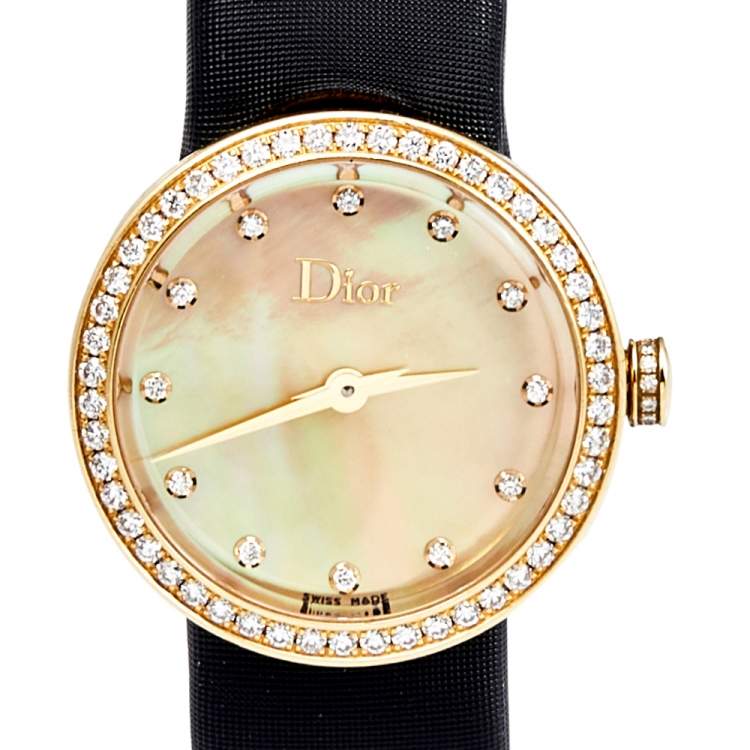 Pre Owned Dior Mother of Pearl 18k Yellow Gold Diamond Satin La D De Dior CD047150A001 Women's Wristwatch 25 mm