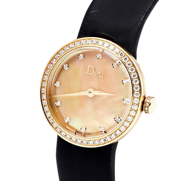 Pre Owned Dior Mother of Pearl 18k Yellow Gold Diamond Satin La D De Dior CD047150A001 Women's Wristwatch 25 mm