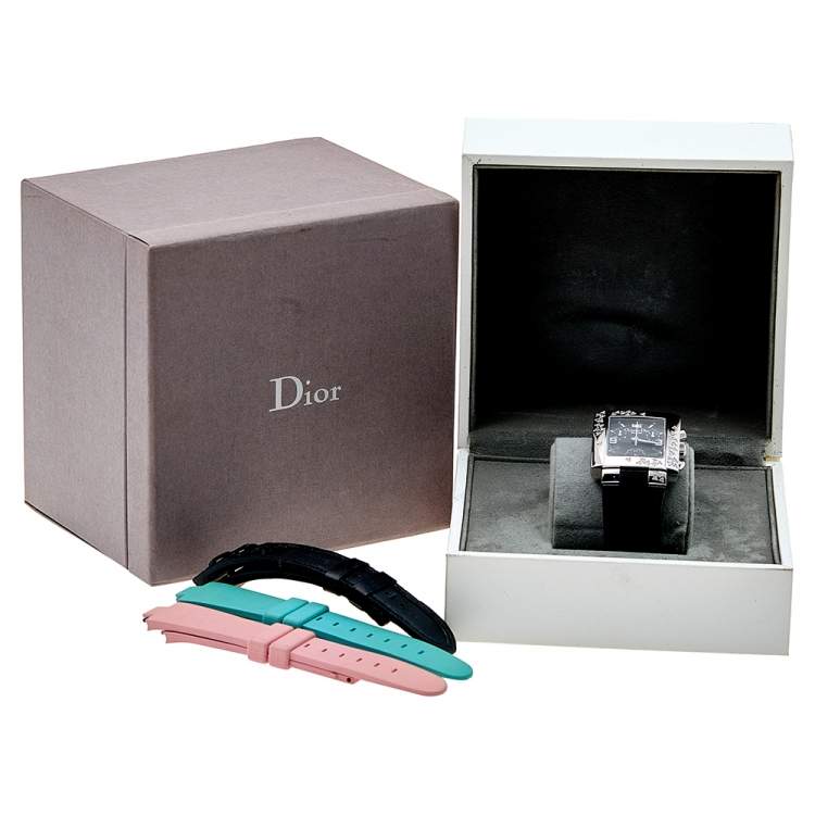 Pre Owned Christian Dior Black Stainless Steel Leather Diamond Riva D81-101 Women's Wristwatch 31mm