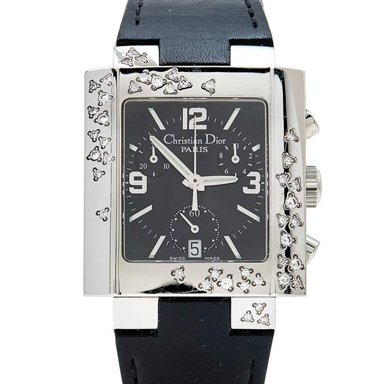 Pre Owned Christian Dior Black Stainless Steel Leather Diamond Riva D81-101 Women's Wristwatch 31mm