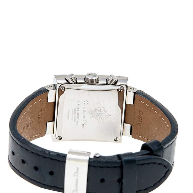 Pre Owned Christian Dior Black Stainless Steel Leather Diamond Riva D81-101 Women's Wristwatch 31mm