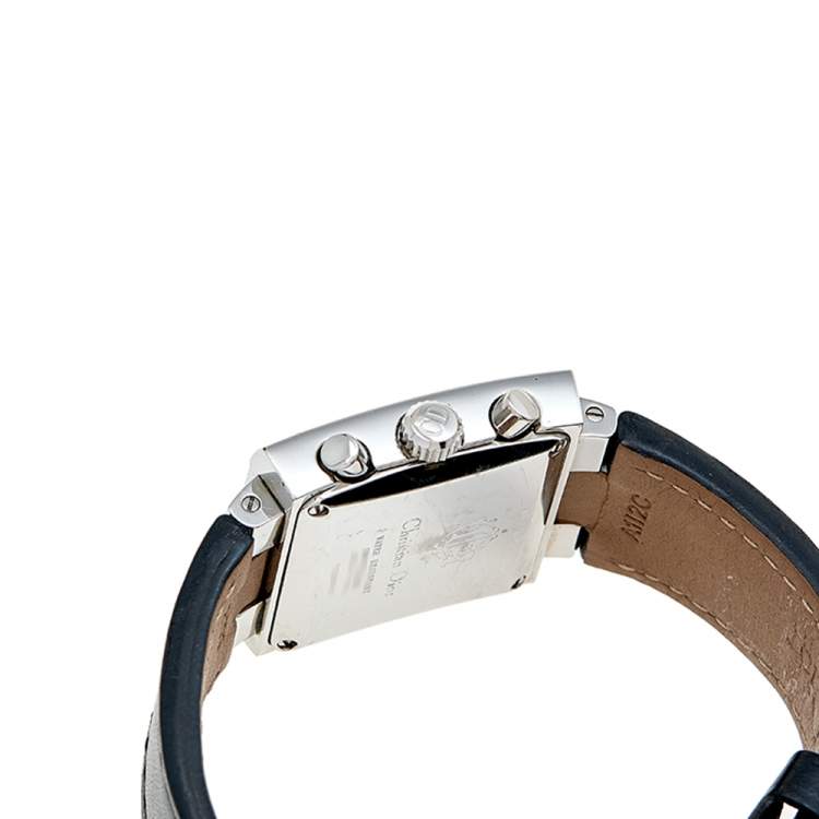 Pre Owned Christian Dior Black Stainless Steel Leather Diamond Riva D81-101 Women's Wristwatch 31mm