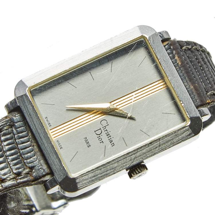 Pre Owned Christian Dior Grey Stainless Steel Leather Vintage 22699 Women's Wristwatch 22 mm