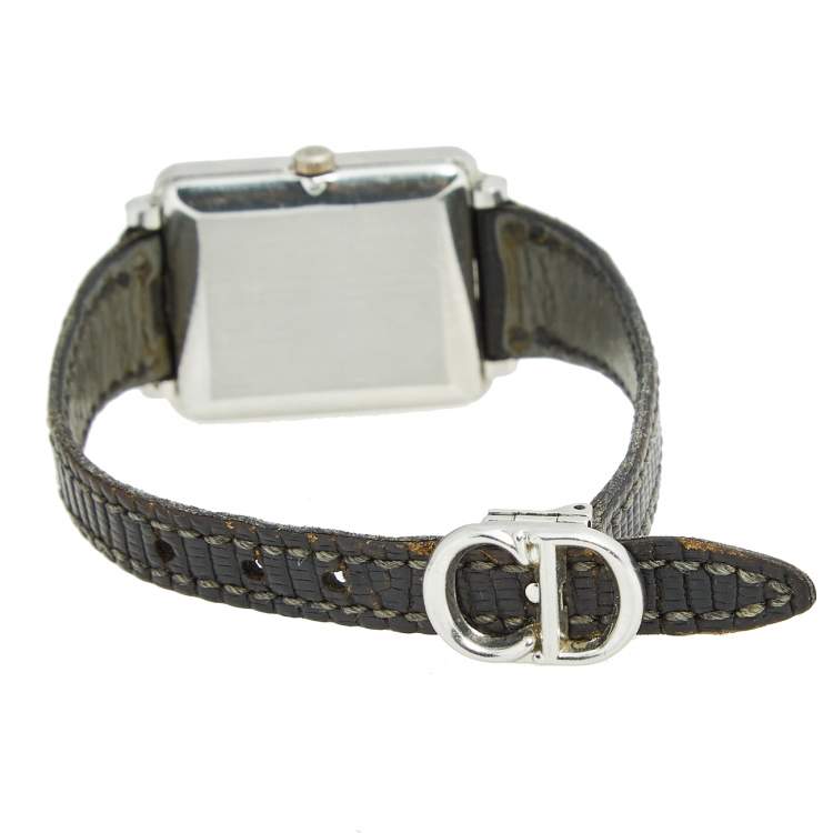Pre Owned Christian Dior Grey Stainless Steel Leather Vintage 22699 Women's Wristwatch 22 mm