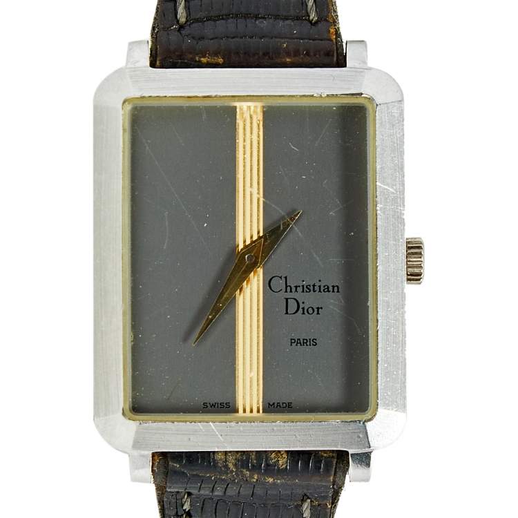 Pre Owned Christian Dior Grey Stainless Steel Leather Vintage 22699 Women's Wristwatch 22 mm