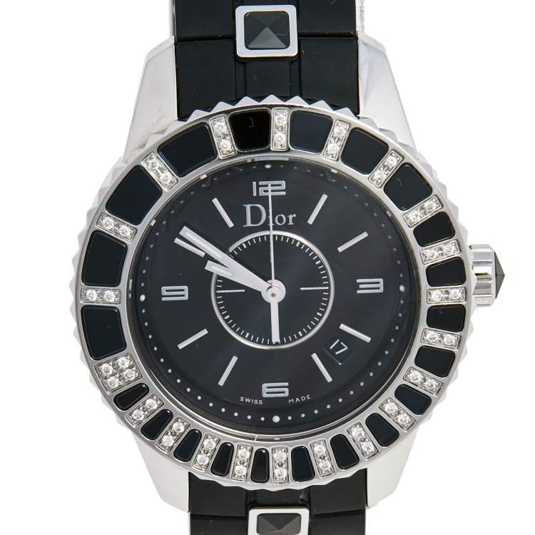 Pre Owned Dior Black Stainless Steel Rubber Diamond Christal CD113115R001 Women's Wristwatch 33 mm