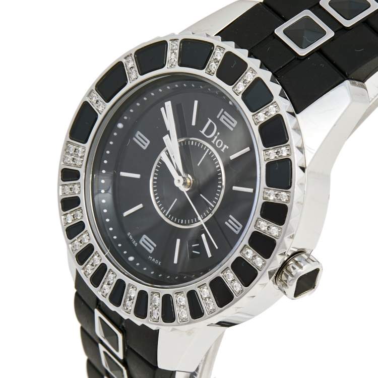 Pre Owned Dior Black Stainless Steel Rubber Diamond Christal CD113115R001 Women's Wristwatch 33 mm