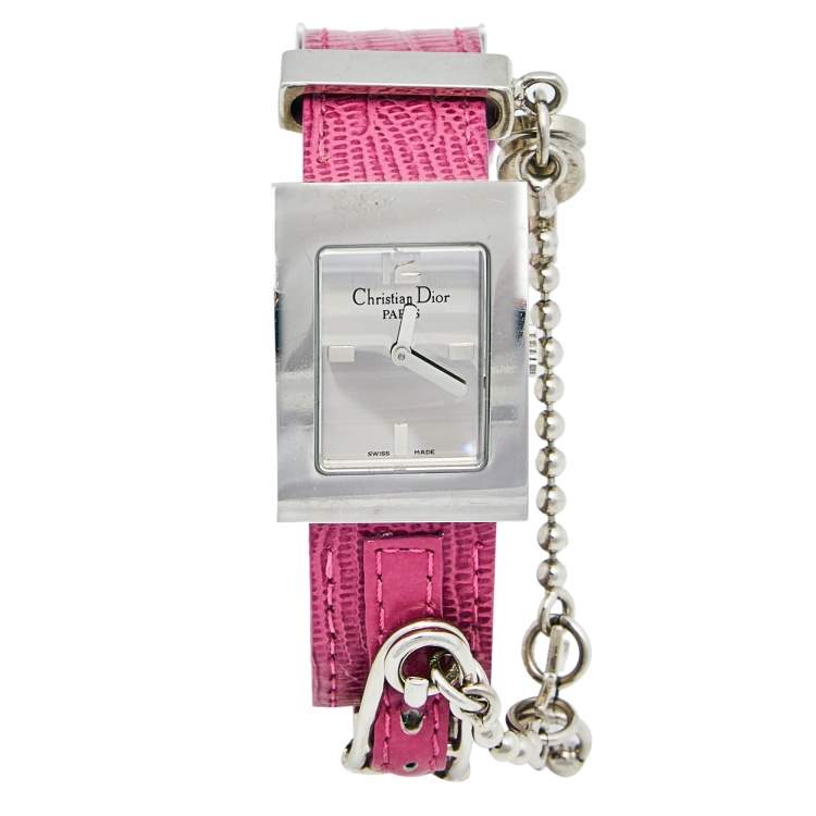 Pre Owned Christian Dior Silver Stainless Steel Leather D78-109 Women's Wristwatch 19 mm