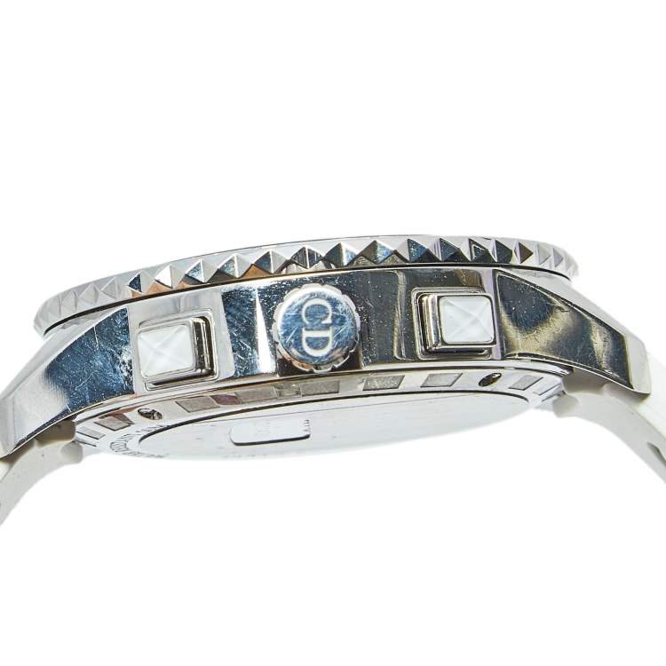 Pre Owned Dior White Stainless Steel Diamond Rubber Christal CD114311R001 Women's Wristwatch 38 mm