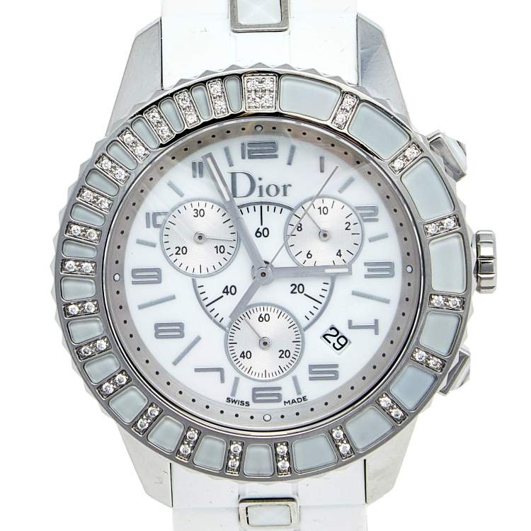 Pre Owned Dior White Stainless Steel Diamond Rubber Christal CD114311R001 Women's Wristwatch 38 mm