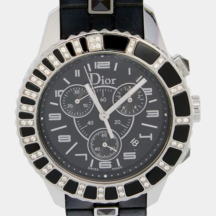 Pre Owned Dior Black Stainless Steel Rubber Diamond Christal CD11431E Women's Wristwatch 38 mm