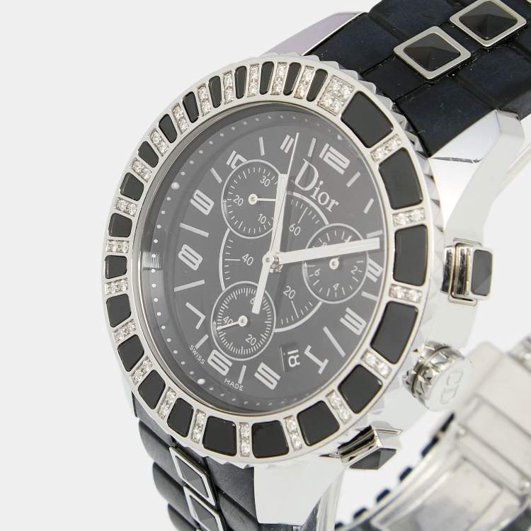 Pre Owned Dior Black Stainless Steel Rubber Diamond Christal CD11431E Women's Wristwatch 38 mm