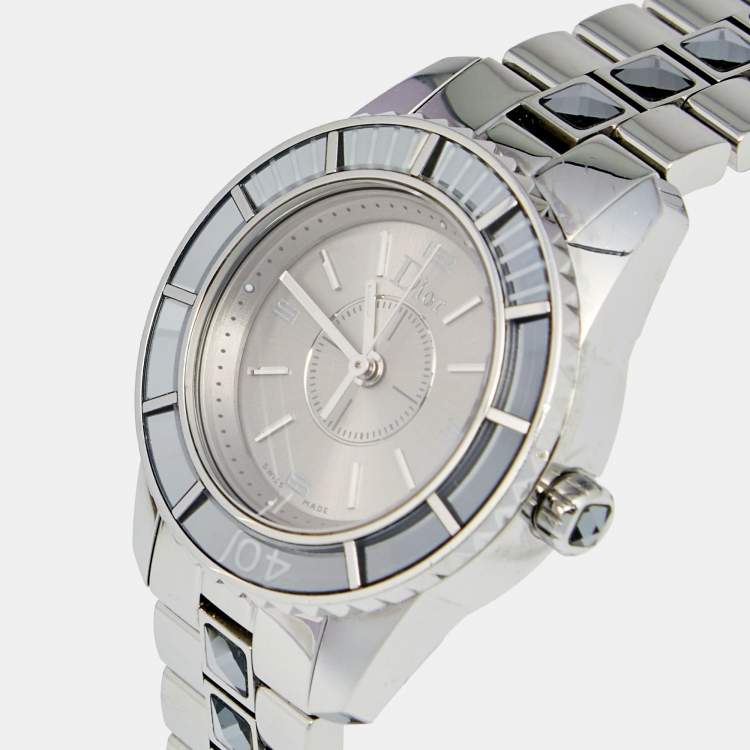 Pre Owned Dior Grey Stainless Steel Christal CD112114 Women's Wristwatch 28 mm
