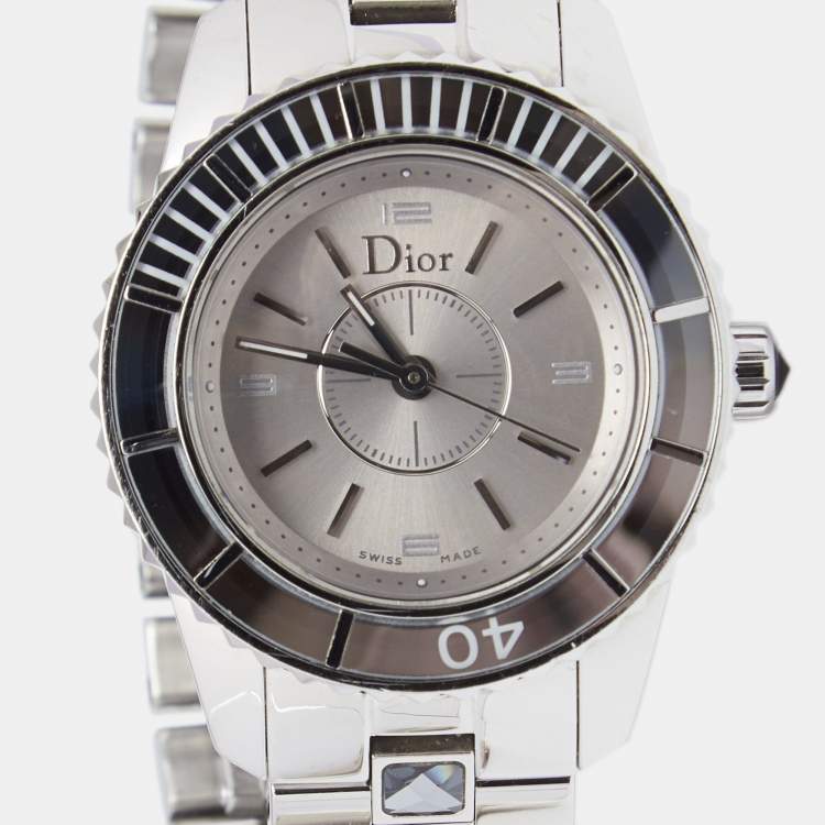 Pre Owned Dior Grey Stainless Steel Christal CD112114 Women's Wristwatch 28 mm