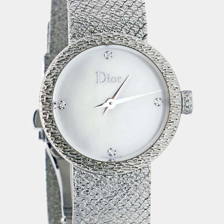 Pre Owned Dior White Mother of Pearl Stainless Steel Diamonds La D De Dior Satine CD047112M001 Women's Wristwatch 25 mm