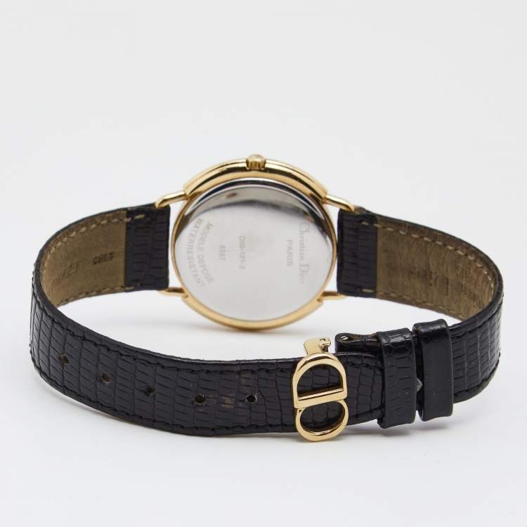 Pre Owned Christian Dior Mother Of Pearl Gold Plated Stainless Steel Lizard Leather Diamond D59-121-2 Women's Wristwatch 32 mm